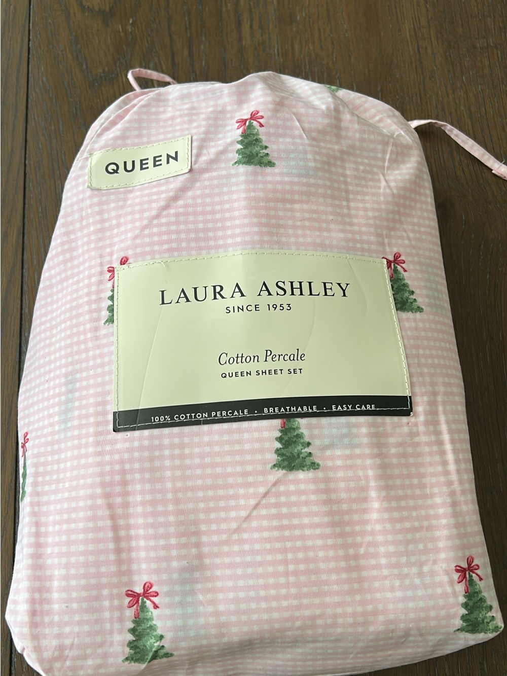 Laura Ashley Pink Cotton Percale Sheet Set with Green Tree Motif